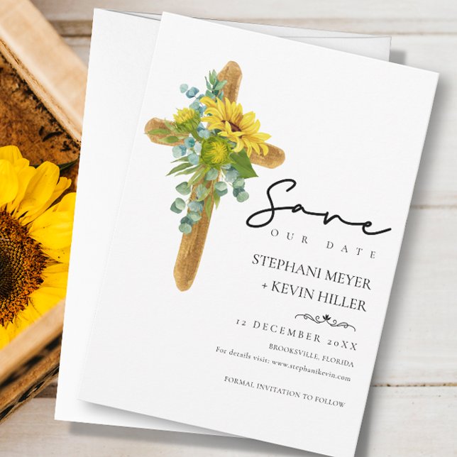 Rustic Boho Wood Sunflower Greenery Cross Wedding Save The Date (Creator Uploaded)