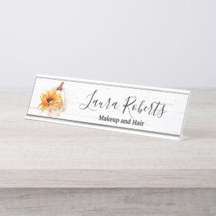 Rustic Boho Wood Watercolor Sunflower Pumpkin Desk Name Plate