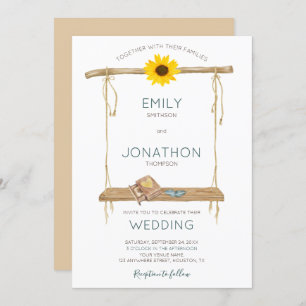 Rustic Boho Wooden Swing Sunflower Rings Wedding Invitation