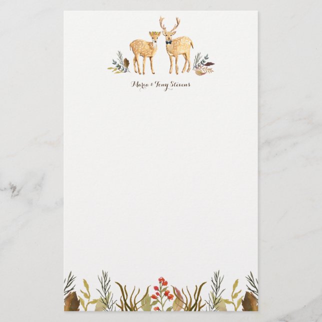 Rustic Boho Woodland Deer Couple Watercolor Stationery (Front)