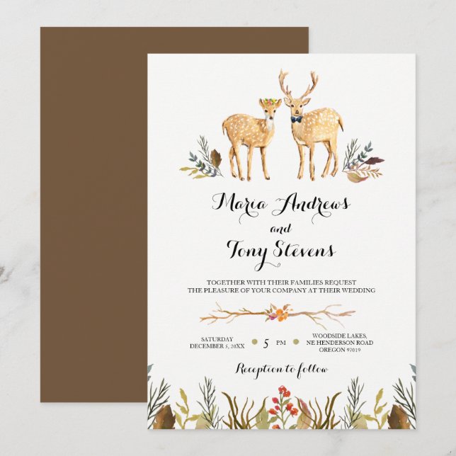 Rustic Boho Woodland Deer Watercolor Wedding Invitation (Front/Back)