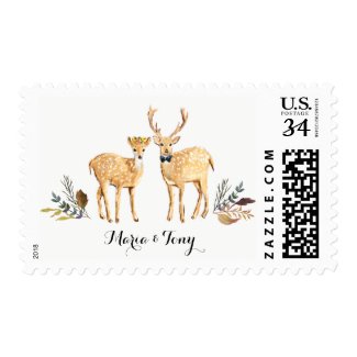 Rustic Boho Woodland Deer Watercolor Wedding Postage Stamps at UniqueRusticWeddingInvitations.com