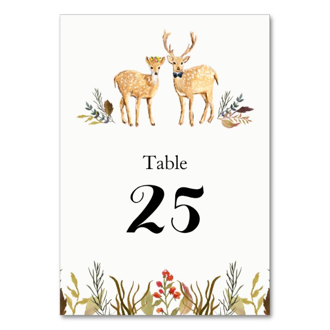 Rustic Boho Woodland Deer Watercolor Wedding Table Number (Front)
