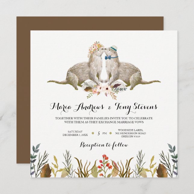 Rustic Boho Woodland Otter Watercolor Wedding Invitation (Front/Back)