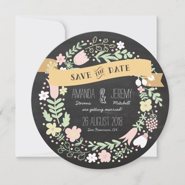 Rustic Boho Wreath Chalkboard Photo Save the Date (Front)