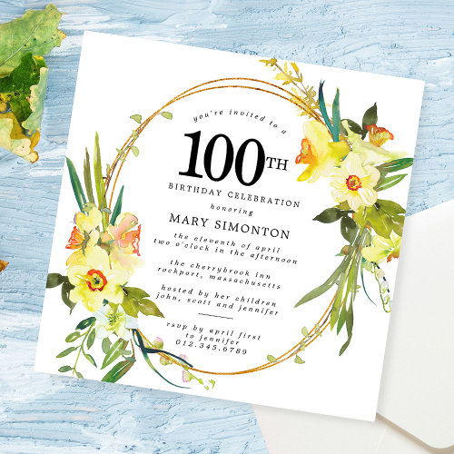 Rustic Boho Yellow Daffodil 100th Birthday