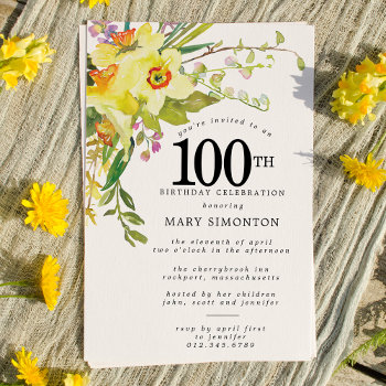 Rustic Boho Yellow Daffodil 100th Birthday Invitation by Celebrais at Zazzle
