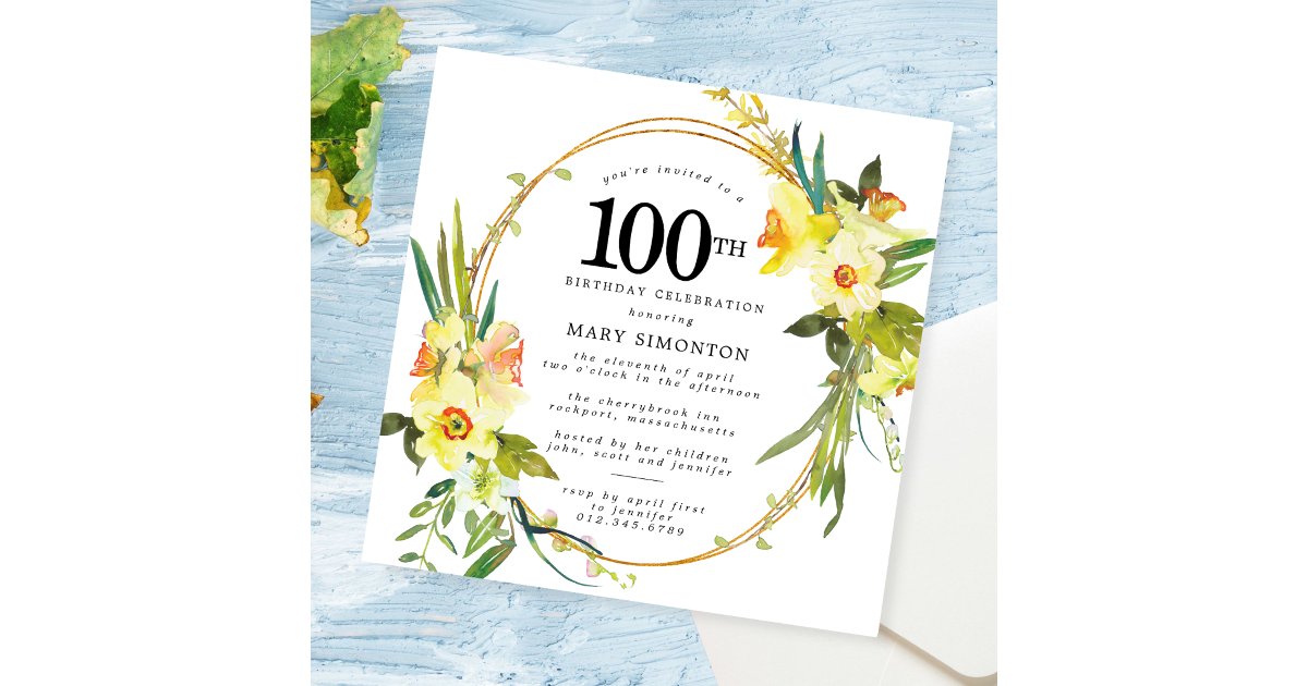 Rustic Boho Yellow Daffodil 100th Birthday Invitation | Zazzle