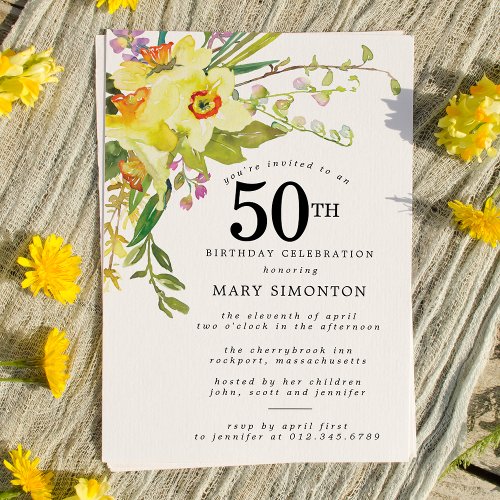 Rustic Boho Yellow Daffodil 50th Birthday  Invitation