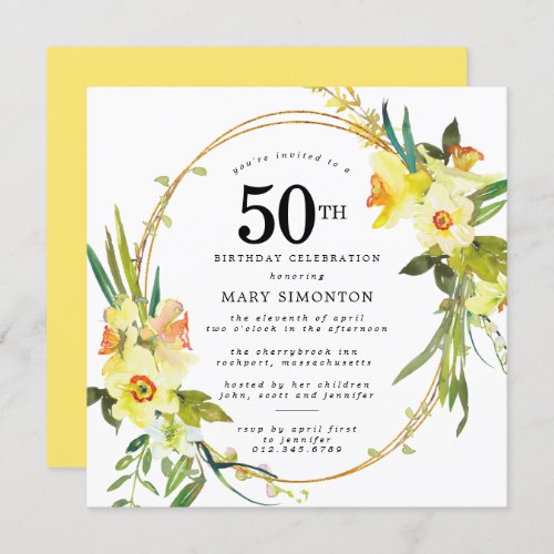 Rustic Boho Yellow Daffodil 50th Birthday Invitation