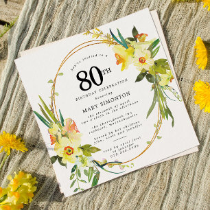 Rustic Boho Yellow Daffodil 80th Birthday Invitation