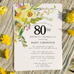 Rustic Boho Yellow Daffodil 80th Birthday Invitation<br><div class="desc">Beautiful spring floral arrangement features yellow and white daffodils decorating a rustic frame. The assorted greenery and daffodil stems give it modern Boho vibe. The back of the 80th birthday invitation is bright sunny yellow. Perfect choice for a springtime birthday party.</div>