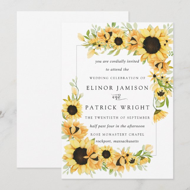 Rustic Boho Yellow Sunflower Summer Wedding Invitation (Front/Back)