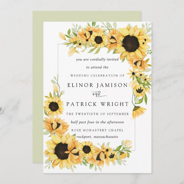 Rustic Boho Yellow Sunflower Summer Wedding Invitation (Front/Back)