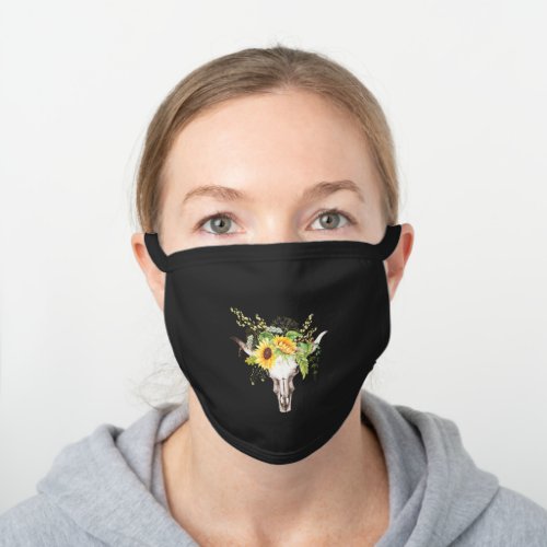 Rustic Boho Yellow Sunflowers Greenery Cow Skull Black Cotton Face Mask