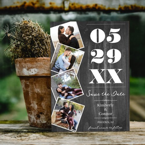 Rustic Bold Four Photo Save the Date  Gray