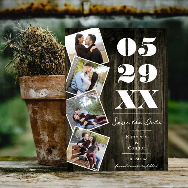 Rustic Bold Four Photo Save the Date | Natural (Natural Rustic Bold Four Photo Save the Date)