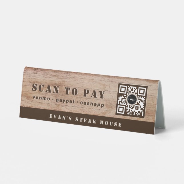Rustic Bold Wood Grain Scan to Pay QR Code Table Tent (Back)