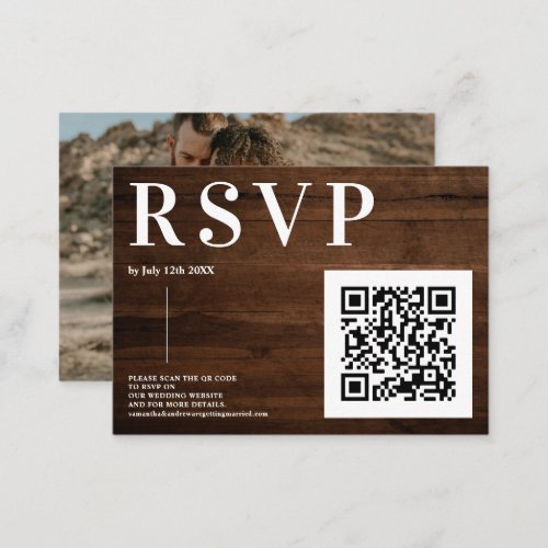 Rustic bold wood wedding rsvp Qr code photo Enclosure Card