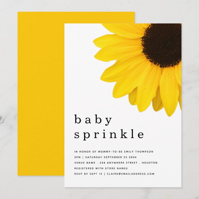 Rustic Bold Yellow Sunflower Baby Sprinkle Shower Invitation (Front/Back)