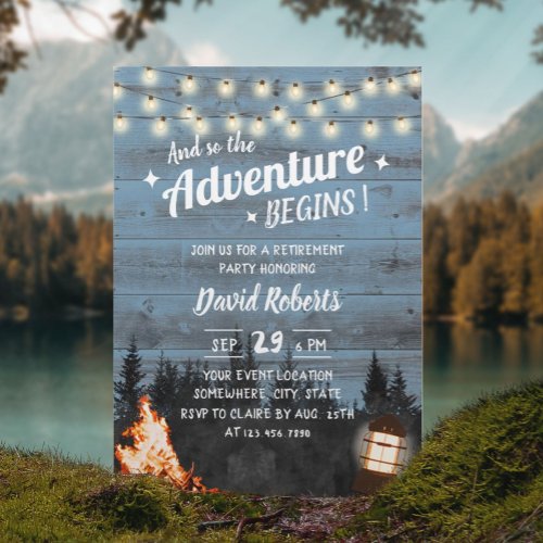 Rustic Bonfire Lantern Dusty Blue Barn Retirement Invitation