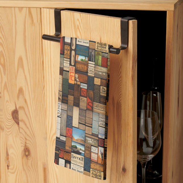 Rustic Book and Sign Typography Art Collage Kitchen Towel (Thirds Fold)
