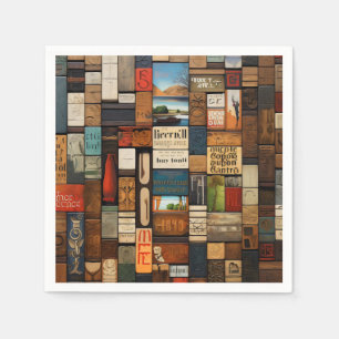 Rustic Book and Sign Typography Art Collage Napkins
