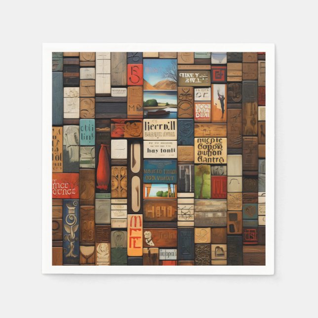 Rustic Book and Sign Typography Art Collage Napkins (Front)