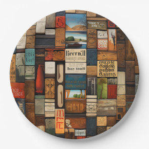 Rustic Book and Sign Typography Art Collage Paper Plates