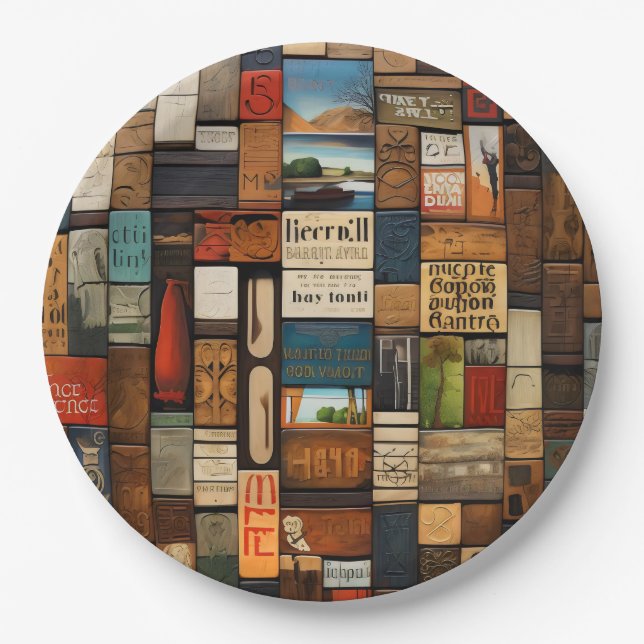 Rustic Book and Sign Typography Art Collage Paper Plates (Front)