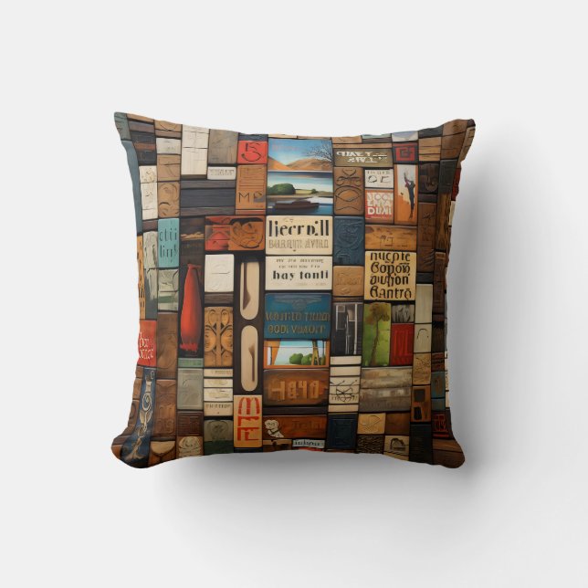 Rustic Book and Sign Typography Art Collage Throw Pillow (Front)