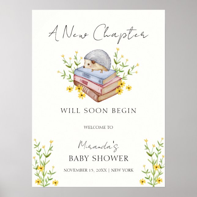 Rustic Books Floral Hedgehog Baby Shower Welcome Poster (Front)