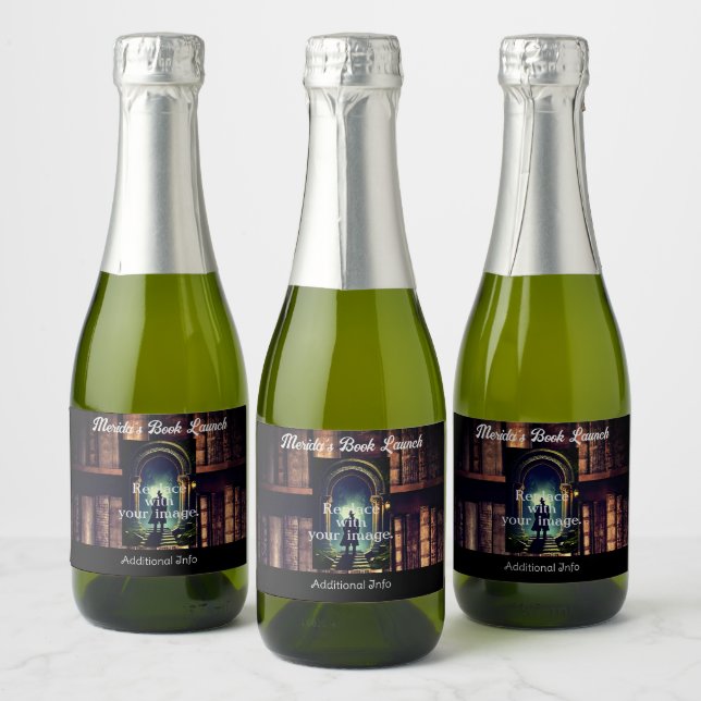 Rustic Bookshelves Background Sparkling Wine Label (Bottles)