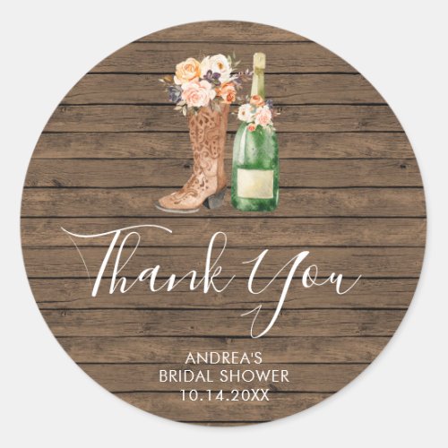 Rustic Boot Bubbly Bridal Shower Thank You Sticker