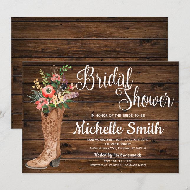 Rustic Boot Country Bridal Western Bridal Shower Invitation (Front/Back)