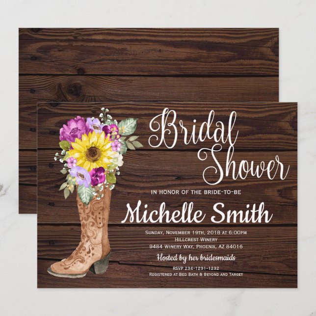 Rustic Boot Country Sunflower Floral Bridal Shower Invitation (Front/Back)