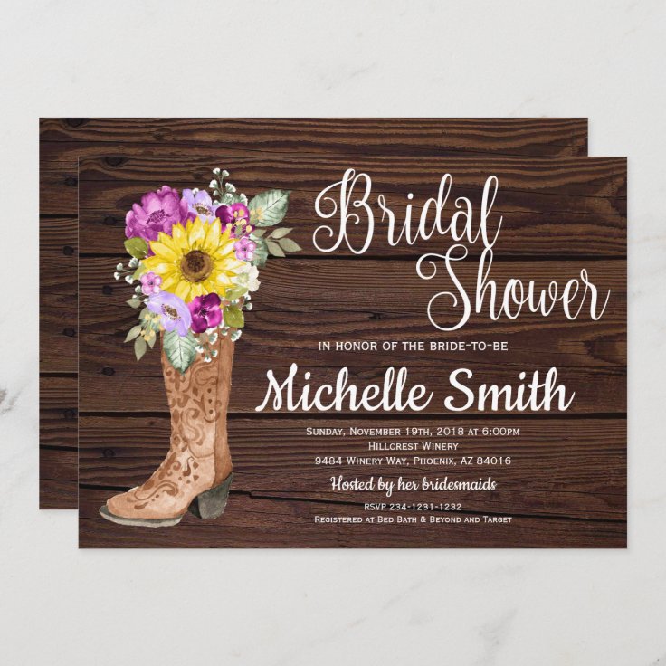 Rustic Boot Country Sunflower Floral Bridal Shower Invitation | Zazzle