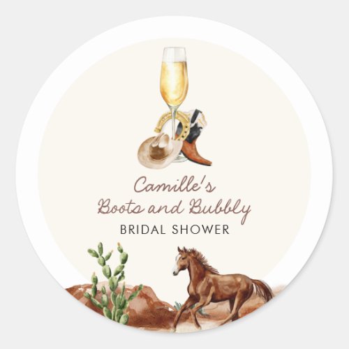 Rustic Boots and Bubbly Bridal Shower  Classic Round Sticker