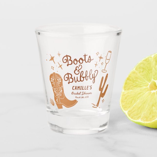 Rustic Boots and Bubbly Bridal Shower Shot Glass (Front)