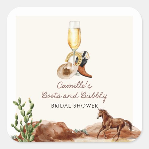 Rustic Boots and Bubbly Bridal Shower Square Sticker