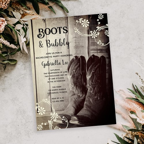 Rustic Boots and Bubbly Western Bachelorette Party Invitation