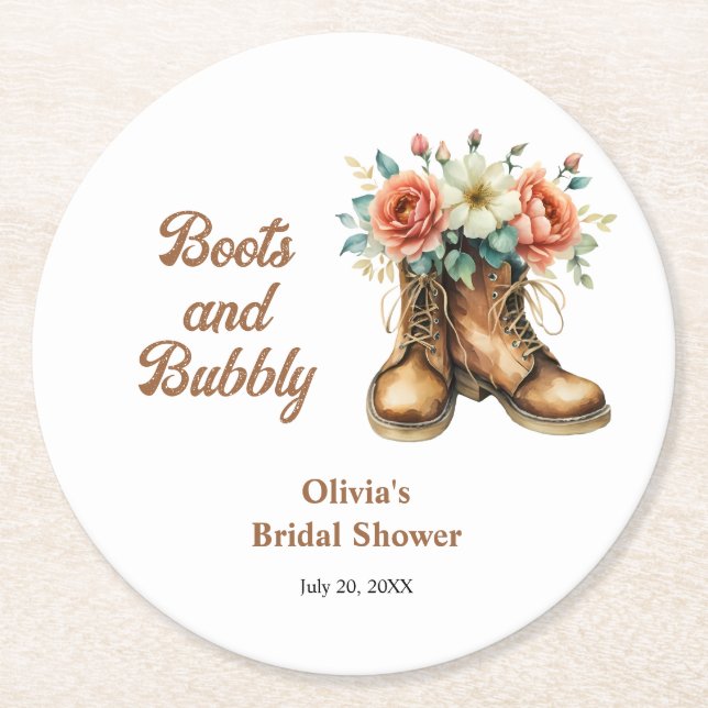 Rustic Boots and Bubbly Western Bridal Shower  Round Paper Coaster (Front)