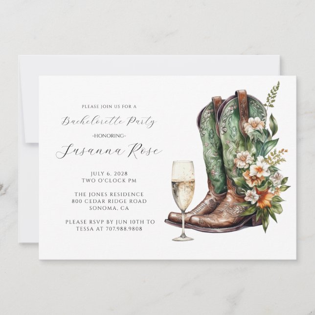Rustic Boots Bubbly Bachelorette Party Invitation (Front)
