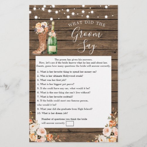 Rustic Boots  Bubbly Bridal Shower Groom Say Game