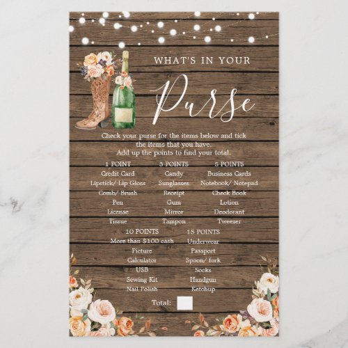 Rustic Boots  Bubbly Bridal Shower Purse Game