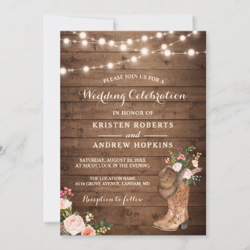 Rustic Boots Cowboy Cowgirl Floral Lights Wedding Invitation - Rustic Boots Cowboy Cowgirl Floral Lights Wedding Invitation. 
(1) For further customization, please click the "customize further" link and use our design tool to modify this template. 
(2) If you prefer Thicker papers / Matte Finish, you may consider to choose the Matte Paper Type. 
(3) If you need help or matching items, please contact me.