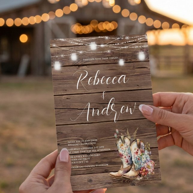 Rustic Boots Cowboy Cowgirl Floral Lights Wedding  Invitation (Creator Uploaded)