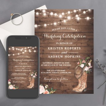 Rustic Boots Cowboy Cowgirl Floral Lights Wedding Invitation by CardHunter at Zazzle