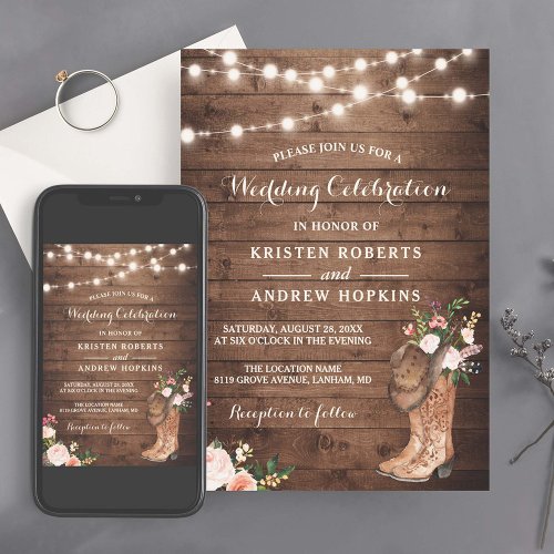 Rustic Boots Cowboy Cowgirl Floral Lights Wedding Invitation