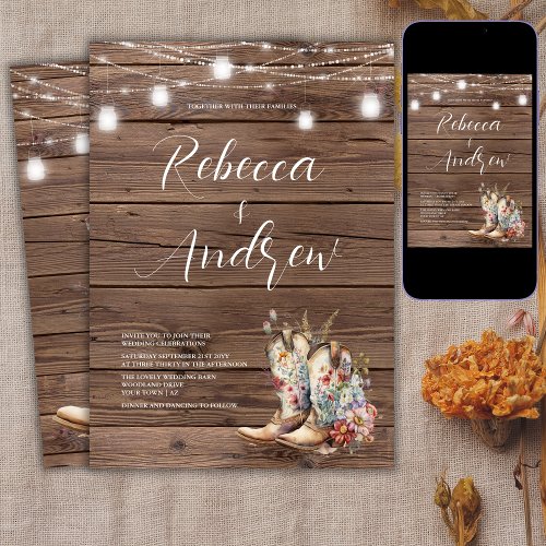 Rustic Boots Cowboy Cowgirl Floral Lights Wedding  Invitation